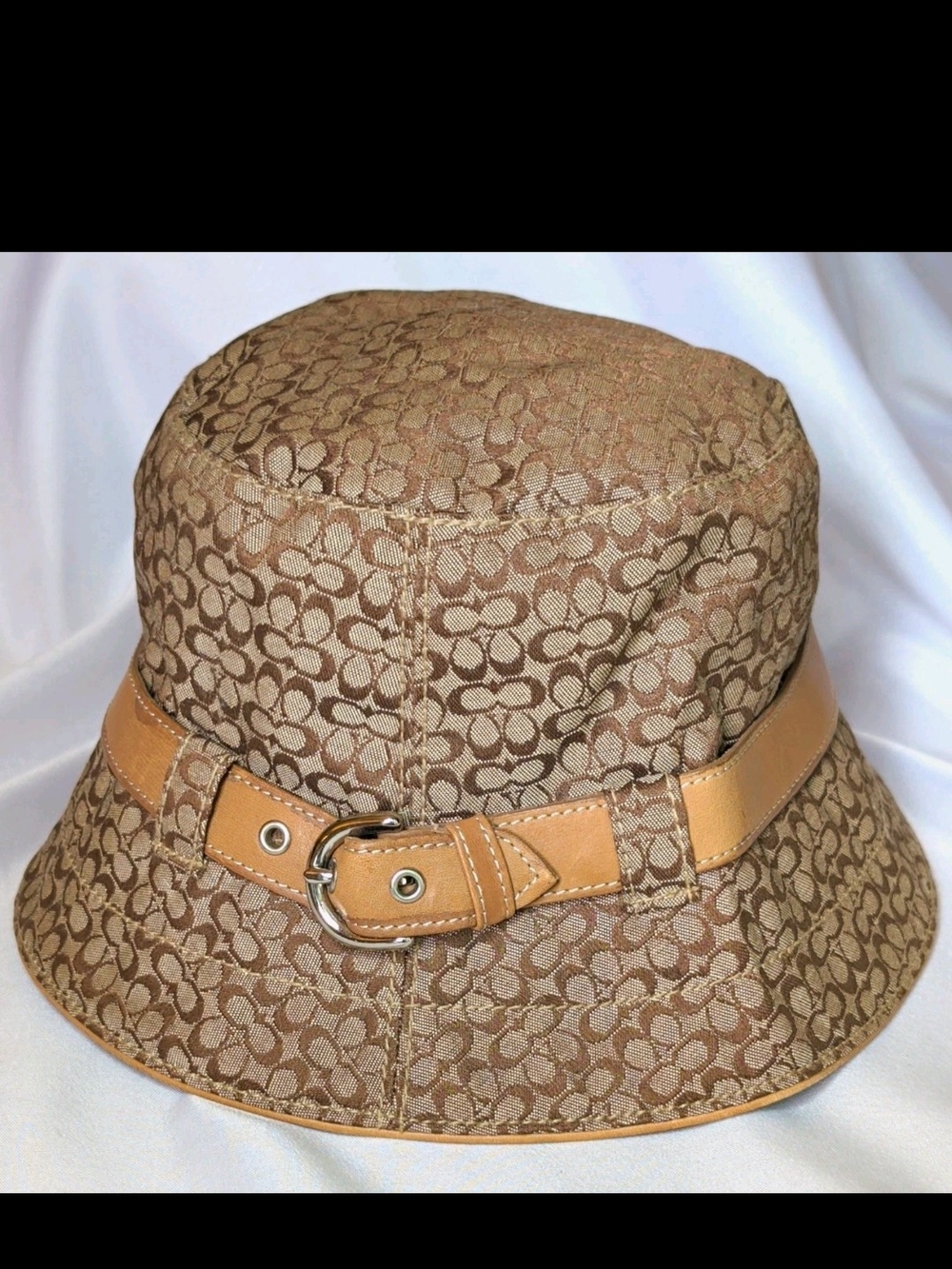 Coach Signature Tan Pattern Bucket Hat with Leather Trim